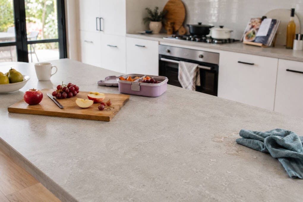 Durable kitchen benchtop in a busy Australian family kitchen with everyday cooking items