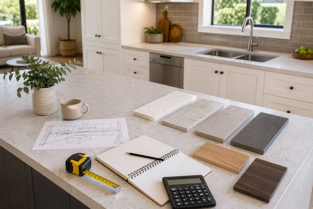 Kitchen benchtop samples with a calculator and tape measure for planning Perth renovation costs