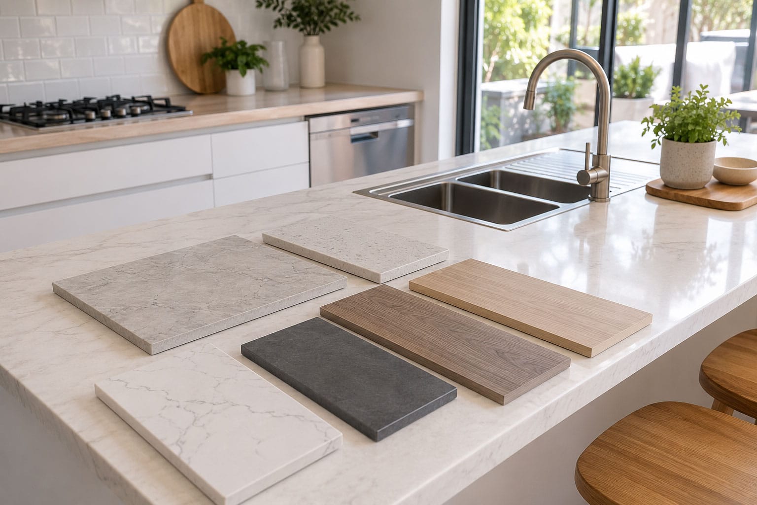 Kitchen benchtop samples on a modern Perth kitchen island for choosing the right benchtop