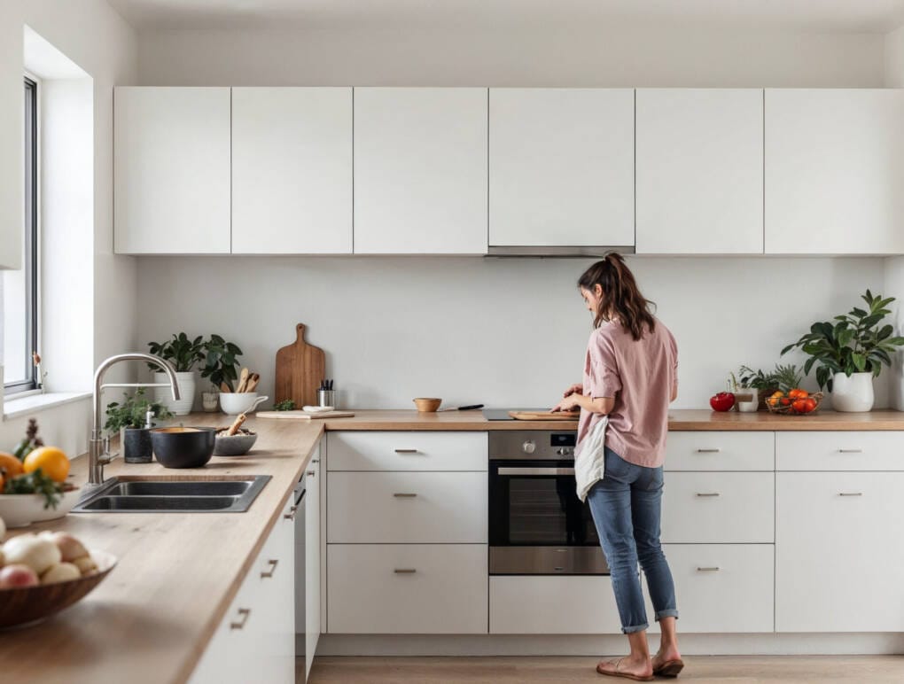 Person preparing food in a functional kitchen with practical cabinets and clear benchtop space designed around everyday kitchen use
