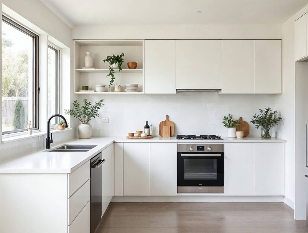 L-shaped kitchen layout with well-proportioned cabinets and clear benchtop flow designed to suit everyday kitchen use