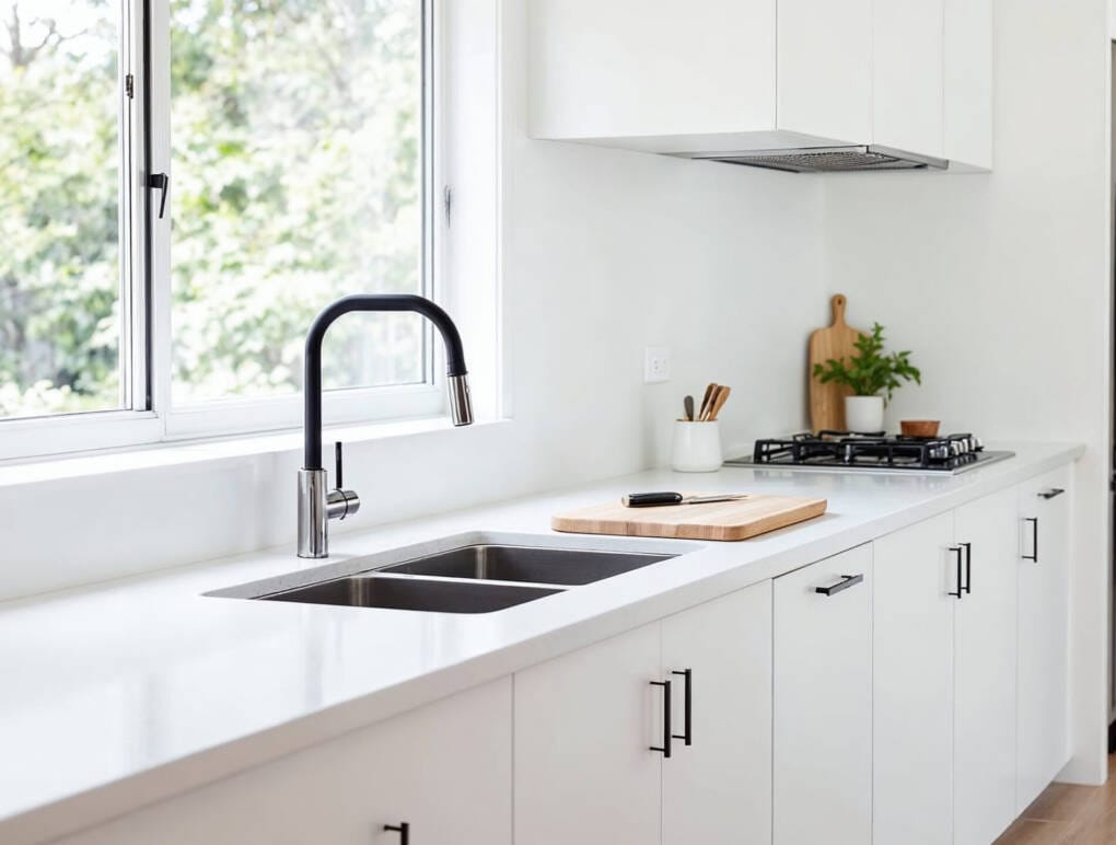 Clear kitchen benchtop and work surface with sink and cooktop positioned to support practical food preparation and daily use