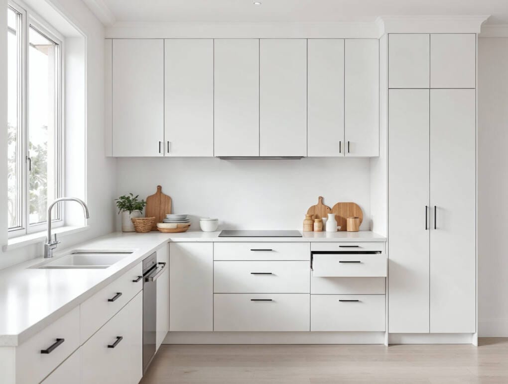 Well-organised kitchen storage with base cabinets, drawers, and pantry cabinets planned to support everyday kitchen use