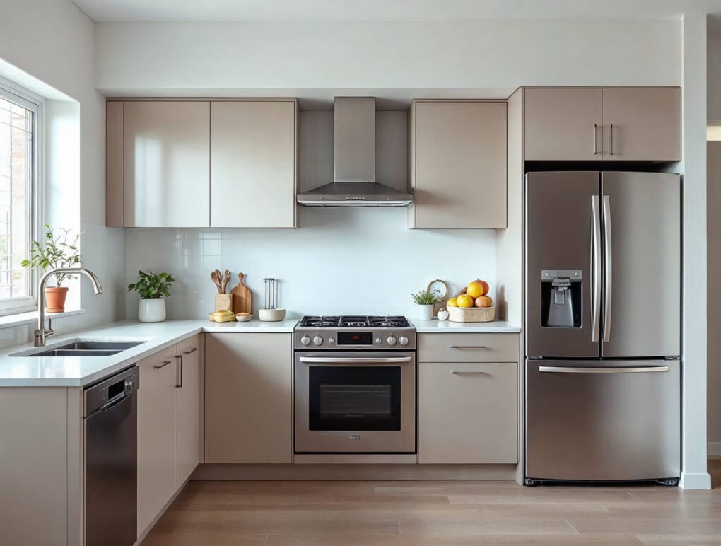 Stainless steel kitchen appliances integrated into cabinetry to support practical cooking, cleaning, and daily kitchen use