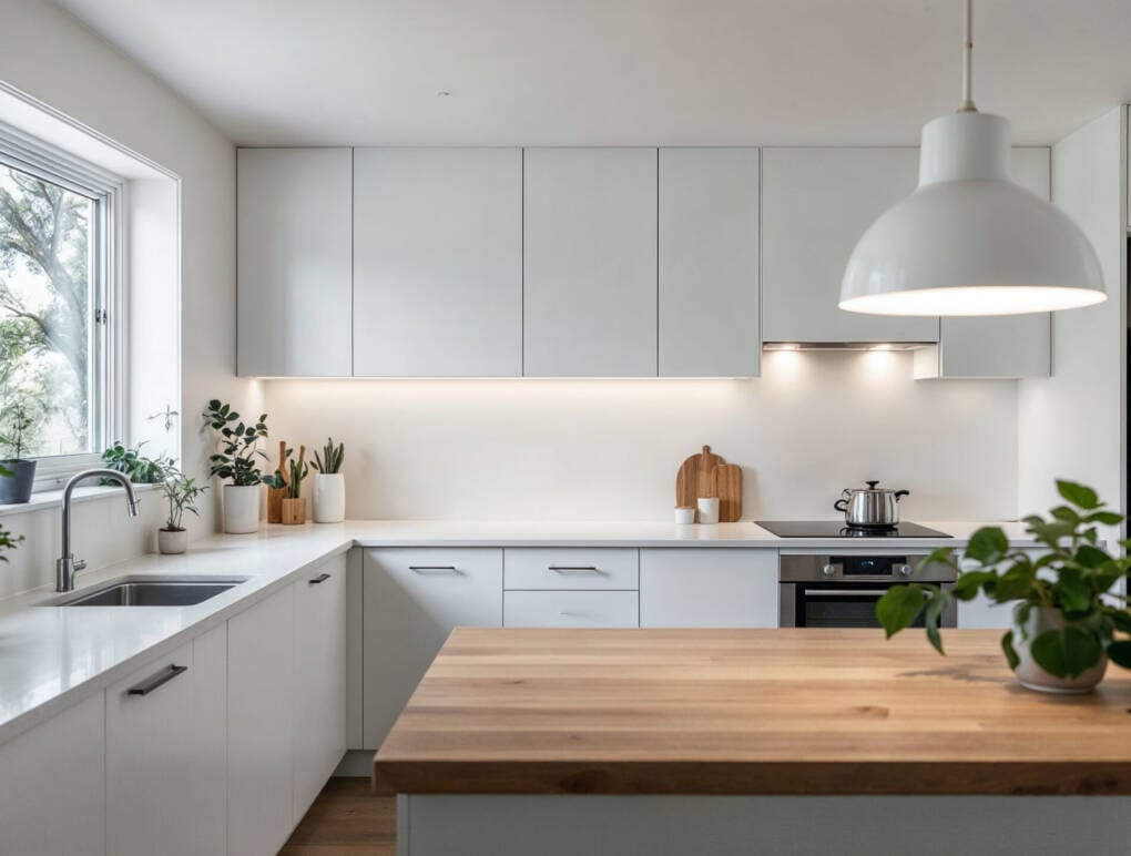 Kitchen lighting with under-cabinet task lighting and even ambient light to support practical food preparation and daily use