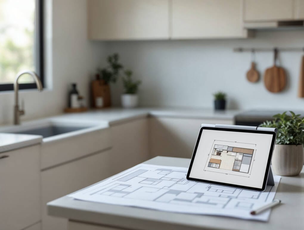 Kitchen planning stage showing a layout plan and 3D design used to finalise cabinets and appliance placement before purchasing