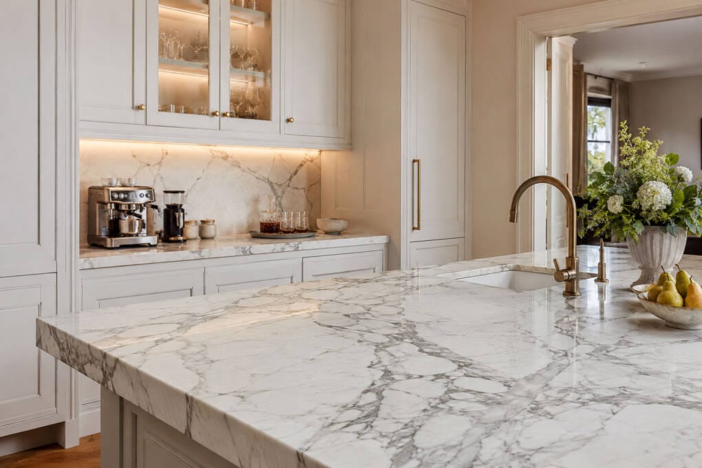 Marble kitchen benchtop with dramatic natural veining on a feature island bench