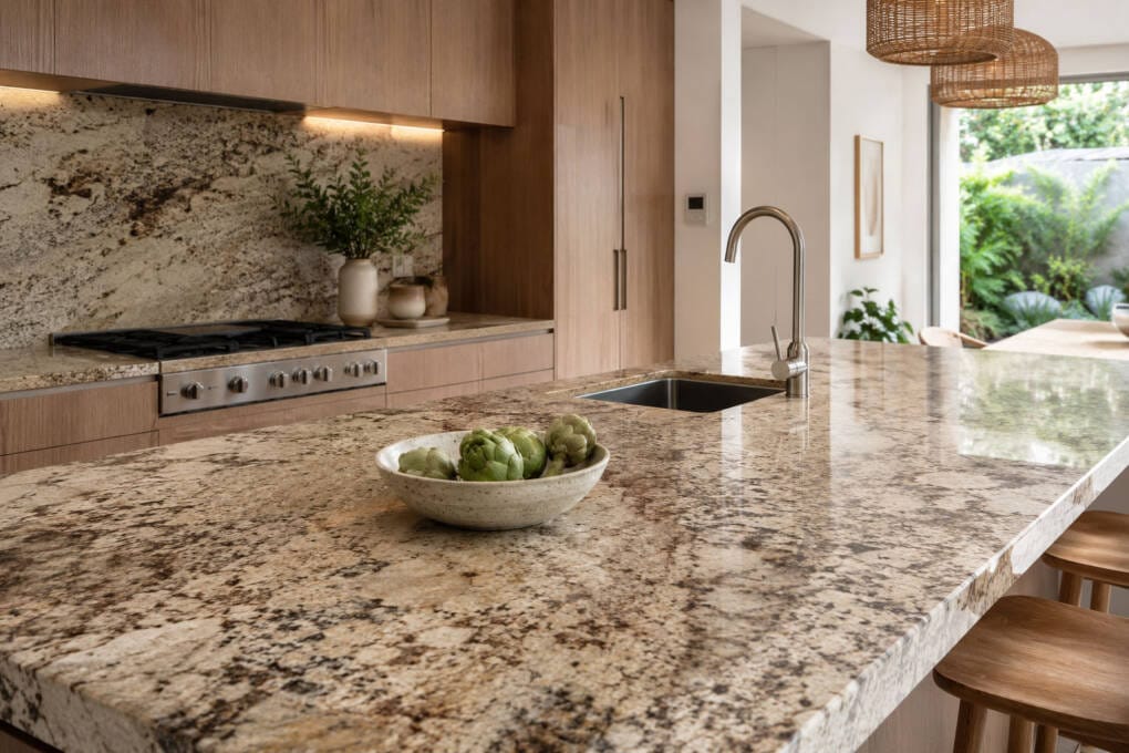 Natural granite kitchen benchtop with unique slab variation in an Australian kitchen