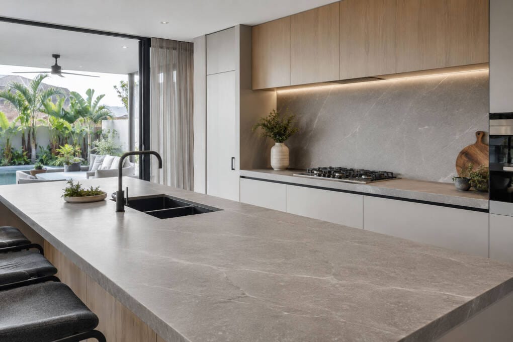 Sintered stone benchtop and matching splashback in a premium Australian kitchen