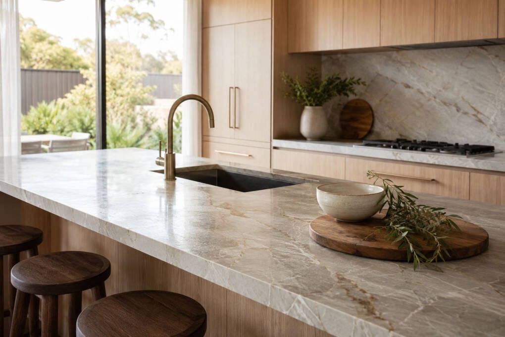 Natural quartzite kitchen benchtop with organic veining in a premium Australian kitchen