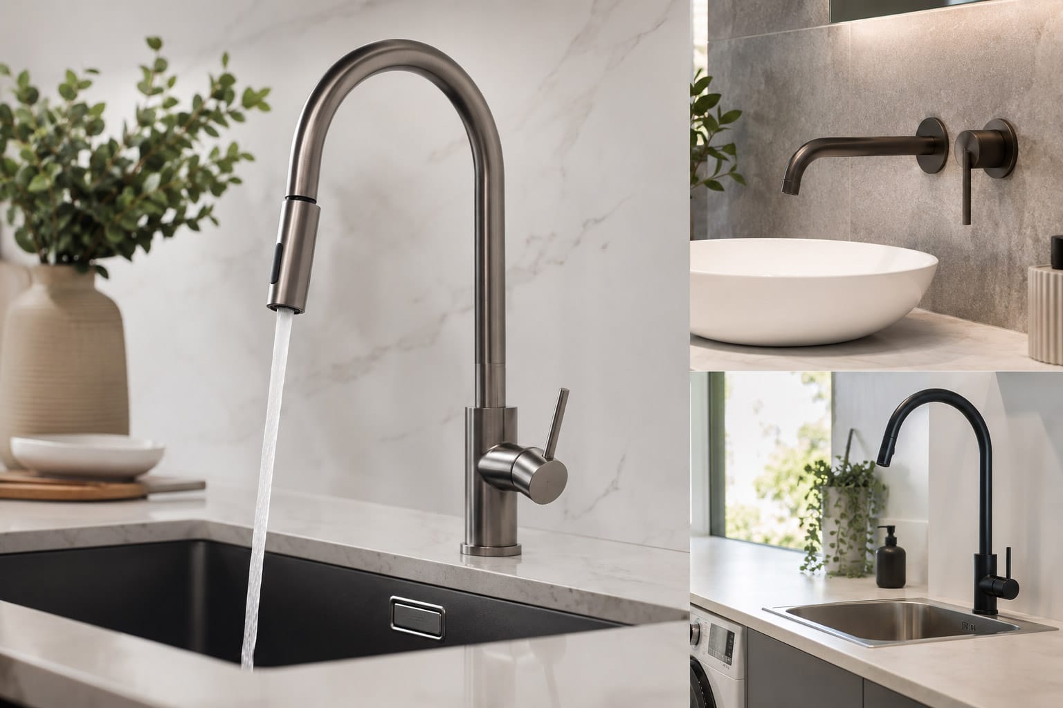 Modern tapware trends featuring brushed nickel kitchen mixer, wall-mounted bathroom tapware and matte black laundry mixer in Australian interiors.
