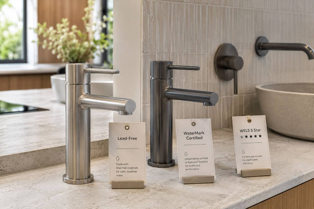Lead-free tapware, WaterMark certification and WELS water rating labels displayed beside modern kitchen and bathroom mixers.