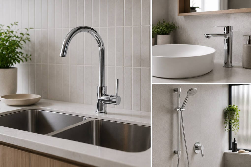 Chrome kitchen mixer, basin mixer and shower tapware shown in modern Australian kitchen, bathroom and laundry settings.