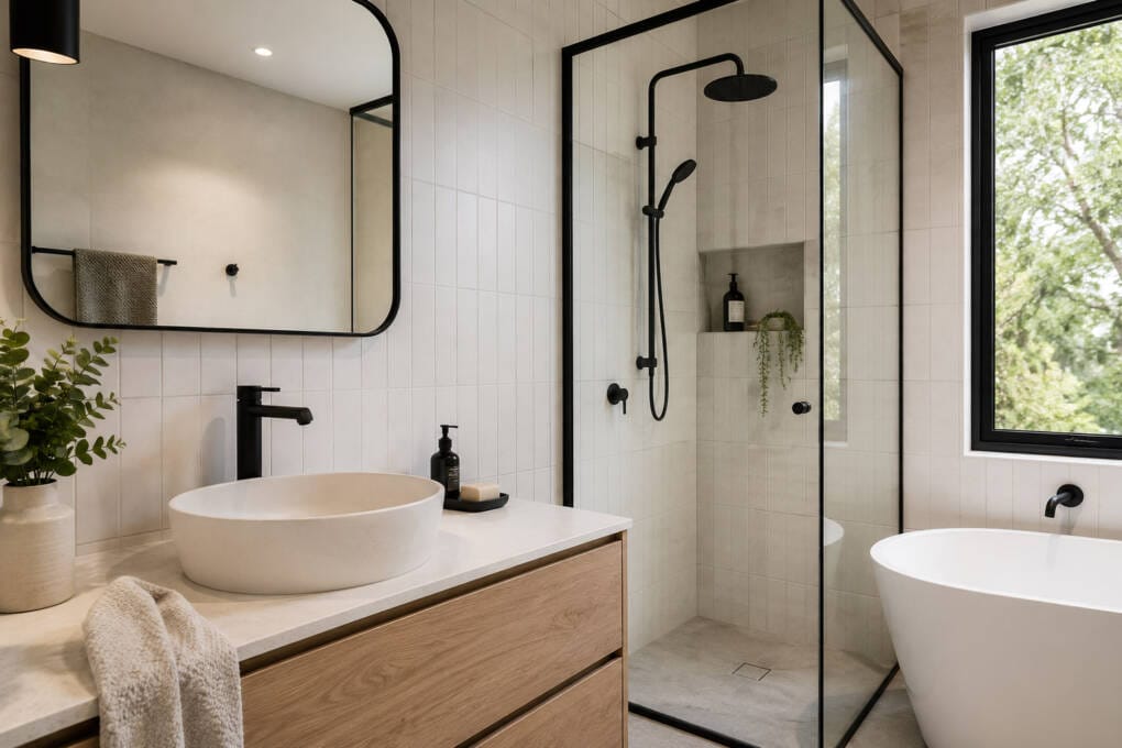 Matte black bathroom tapware with matching shower fittings and black-framed screen in a modern Australian bathroom with white tiles and timber vanity.