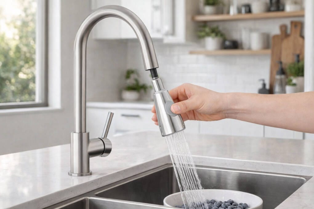 Pull-out kitchen mixer being used over a double sink in a modern Australian kitchen with stone benchtop and brushed metal finish.