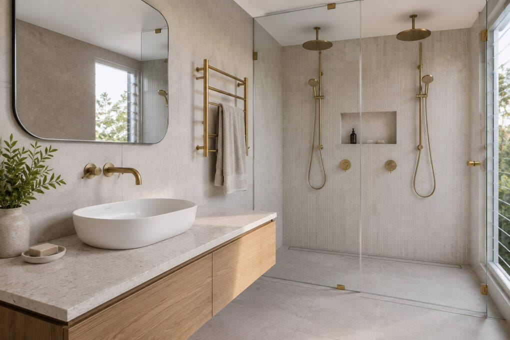 Wall-mounted basin tapware and matching twin shower fittings in a modern Australian bathroom with warm metal finishes, stone-look tiles and timber vanity.