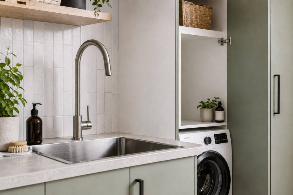 Gooseneck laundry mixer and hidden washing machine taps in a modern Australian laundry with stone-look benchtop and soft green cabinetry.