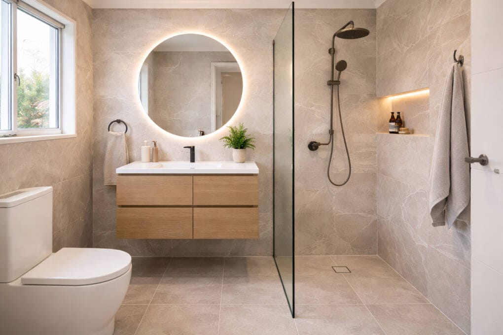 Small bathroom renovation with wall-hung vanity and frameless walk-in shower