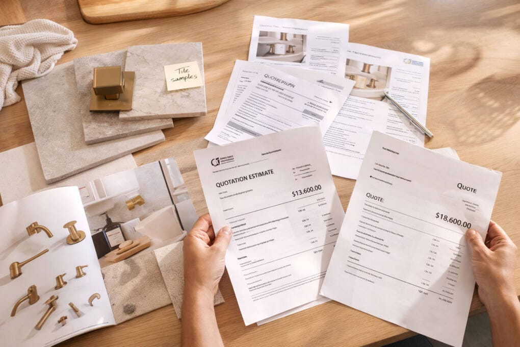 Perth homeowner reviewing bathroom renovation quotes and material samples on a table