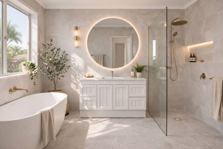 Bathroom renovation in Perth with freestanding bath walk-in shower and white cabinetry