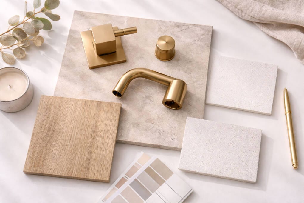 Bathroom renovation material samples including porcelain tile brushed gold tapware and timber vanity finish