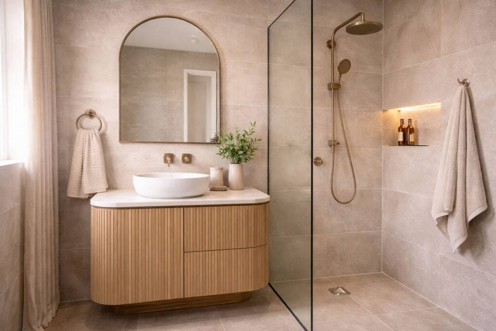 Contemporary Perth bathroom featuring warm neutral tones arched mirror and brushed bronze hardware in 2026