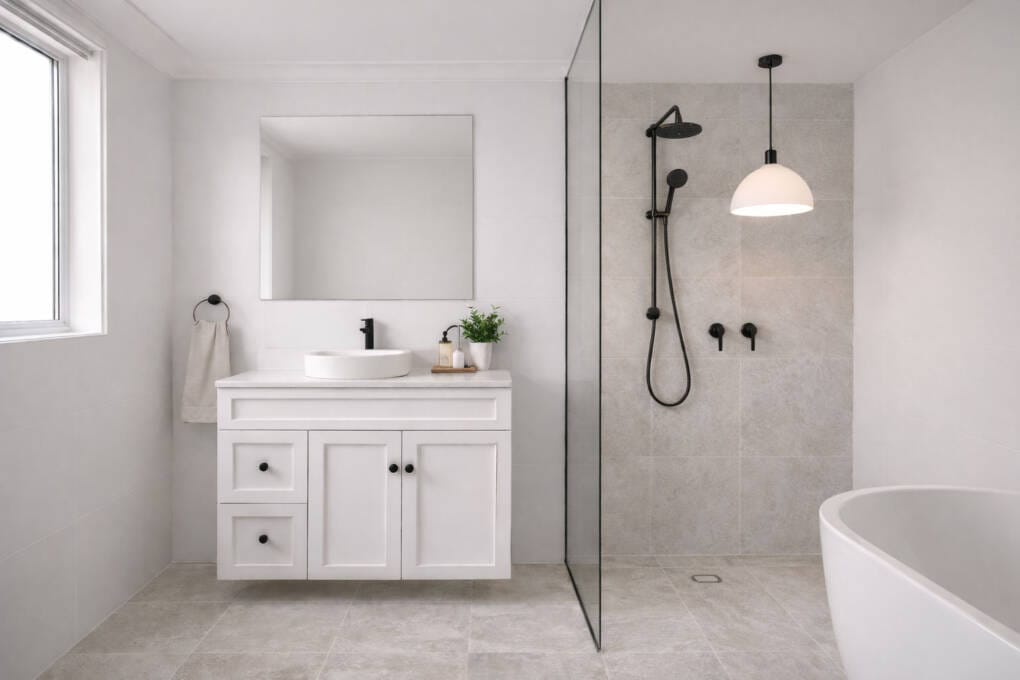 Freshly completed bathroom renovation in a Perth home with frameless shower screen and freestanding bath