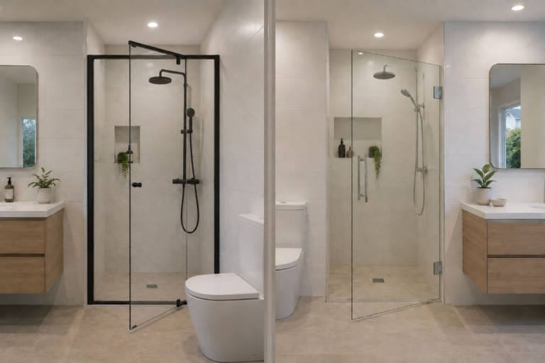 Pivot and side-hinged shower doors shown in comparable modern bathroom layouts