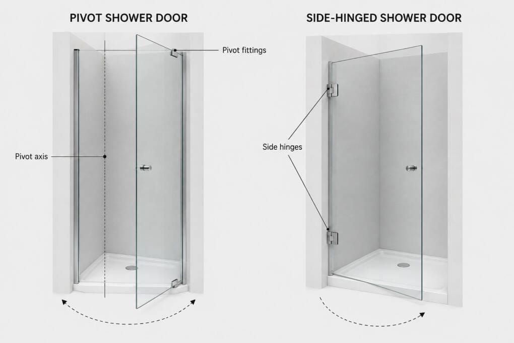 Diagram comparing pivot fittings and side hinges on shower doors