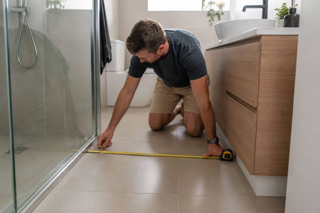 Homeowner measuring pivot shower door clearance beside a bathroom vanity