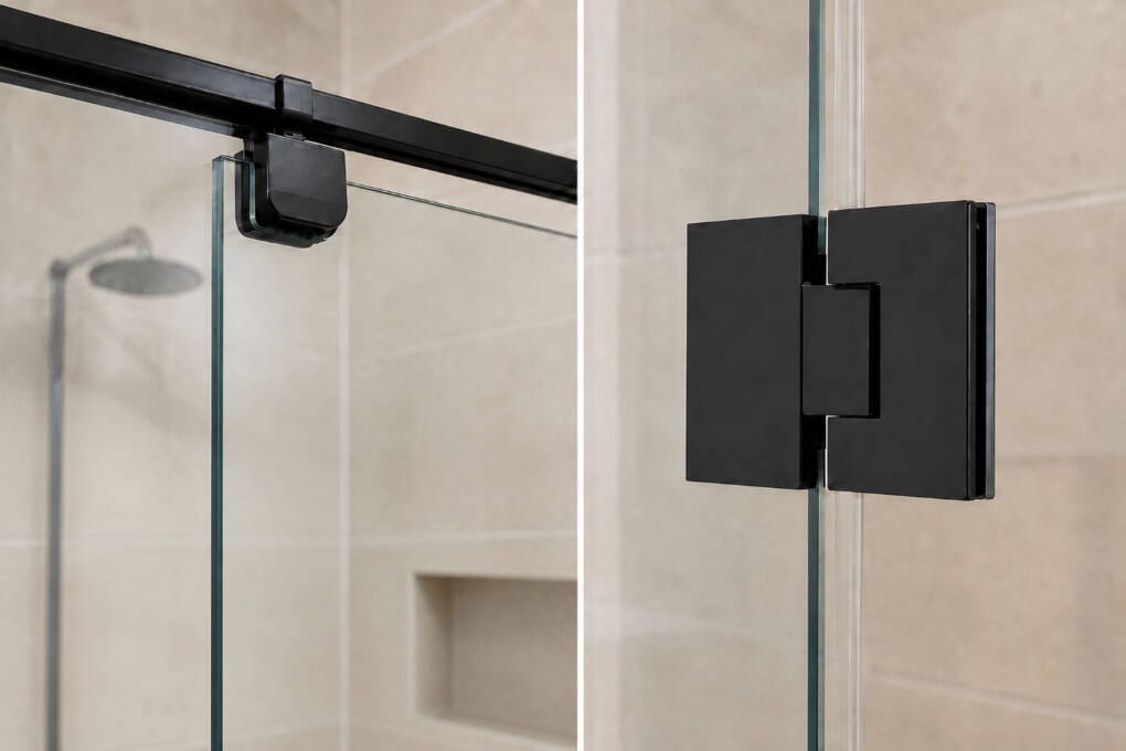 Pivot fitting and side hinge cleaning points on clear shower glass