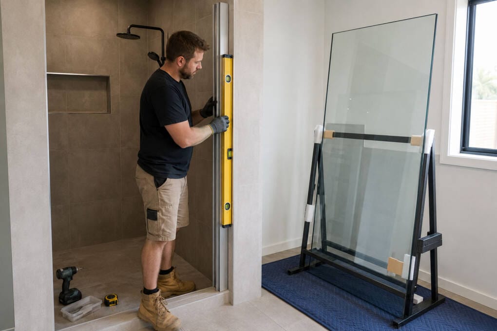 Installer checking shower door alignment before fitting toughened safety glass