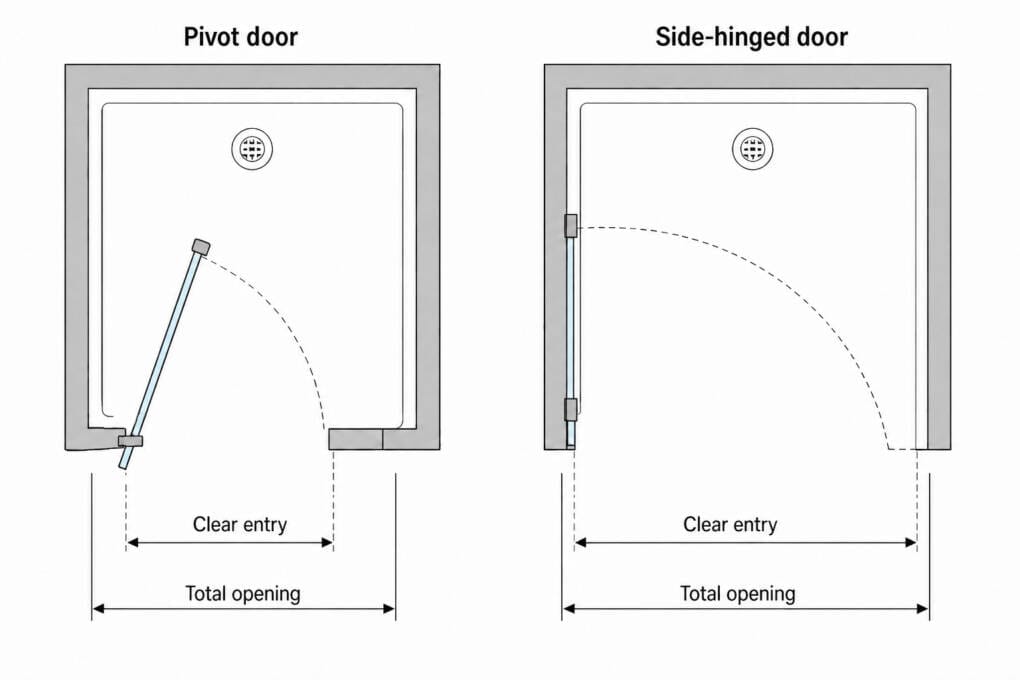 Clear entry width comparison for pivot and side-hinged shower doors