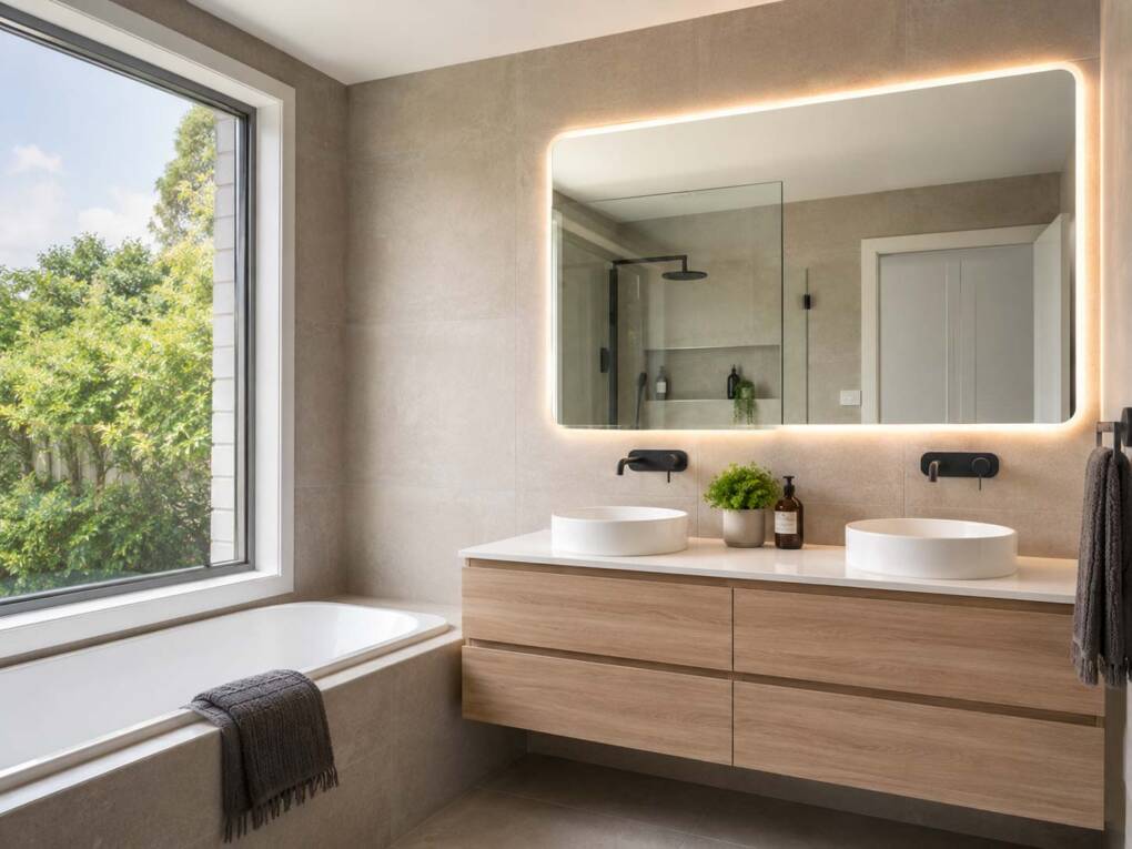 Smart sustainable bathroom renovation with LED mirror and sensor tapware