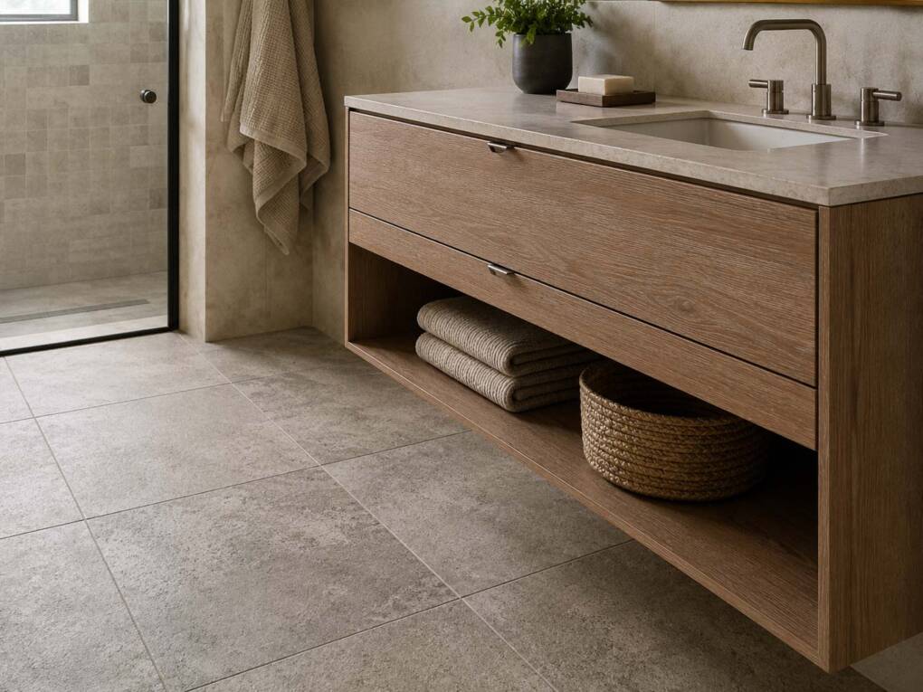 Matte textured bathroom tiles with tactile stone-look surfaces and brushed tapware