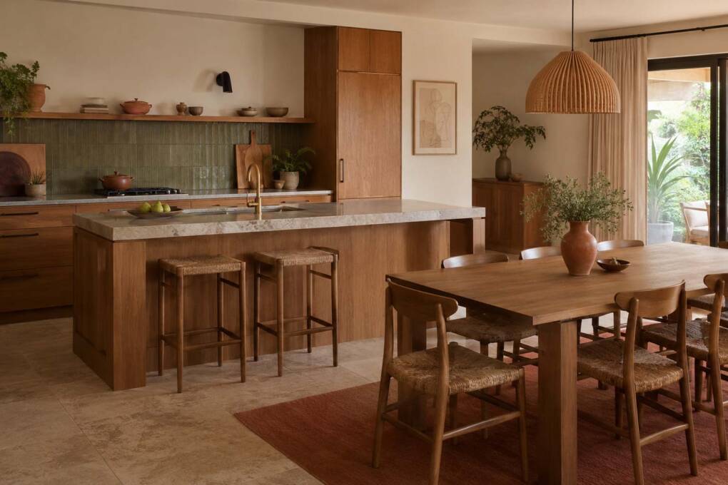 Warm earthy kitchen renovation with terracotta tones, timber cabinetry and stone-look tiles