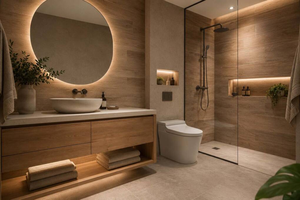 Wellness bathroom renovation with timber-look tiles, soft lighting and rounded mirror