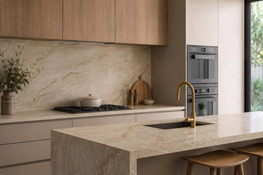 Stone-look kitchen benchtop continuing into a matching splashback