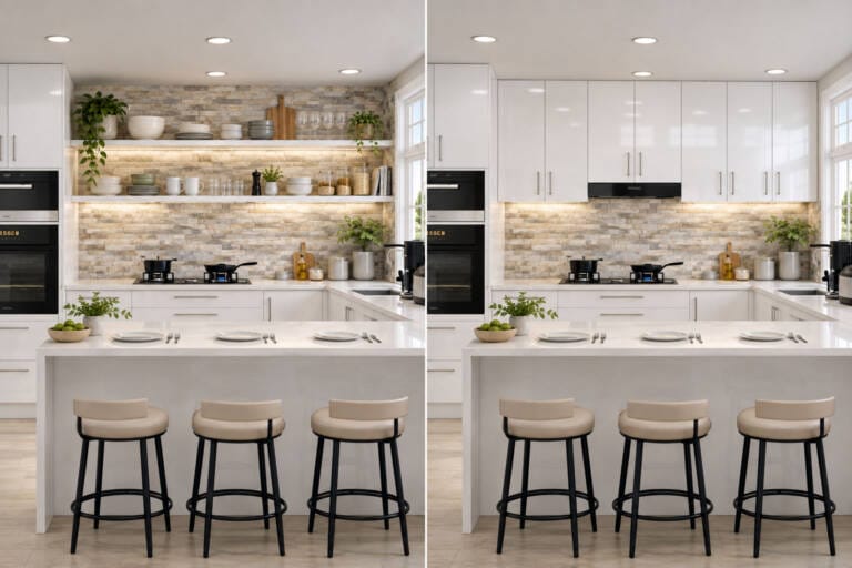 Open shelving and closed kitchen cabinets compared in a modern kitchen