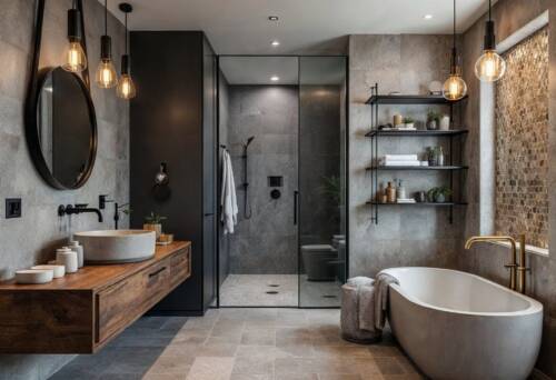 eclectic bathroom with mixed materials