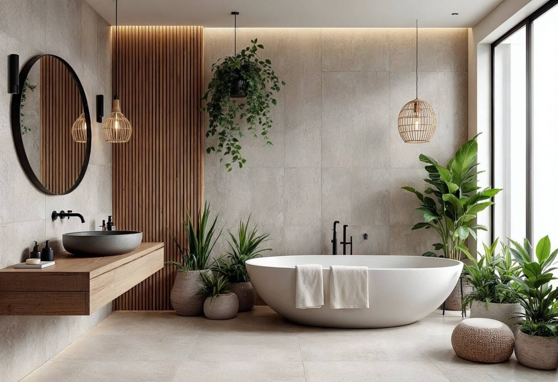 natural bathroom design with vanity and bath