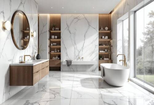 modern bathroom with large format marble-look tiles