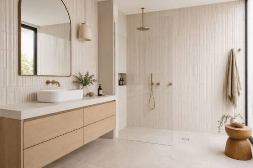 Modern Australian bathroom with warm white vertical kit-kat wall tiles, tonal grout and timber vanity