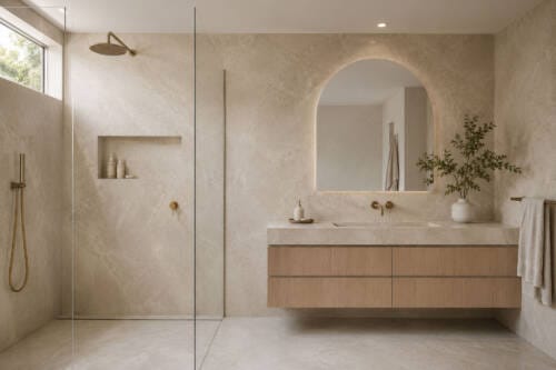 Modern Australian bathroom with continuous stone-look surfaces across the walls, floor and vanity benchtop