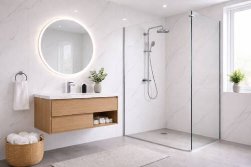 Modern bathroom with seamless stone-look wet wall panels, walk-in shower, timber vanity and chrome fittings