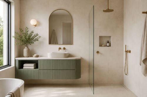 Modern Australian bathroom with a sage green vanity, warm neutral tiles, brass fittings and walk-in shower