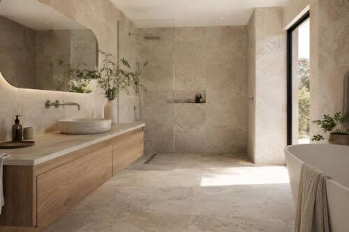 Modern coastal bathroom with sandy beige stone-look tiles, timber vanity, brushed nickel tapware and natural light