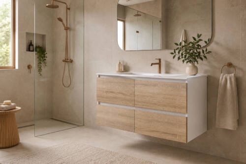 Modern Australian bathroom with a floating timber-look vanity, stone-look tiles and brushed warm metal tapware