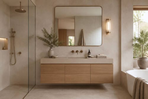 Earthy mid-tone Australian bathroom with floating vanity, arched mirror, vessel basin and warm neutral finishes