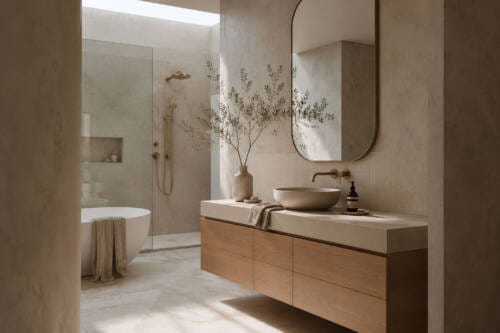 Warm greige Australian bathroom with floating timber vanity, brass tapware, large mirror and soft natural light